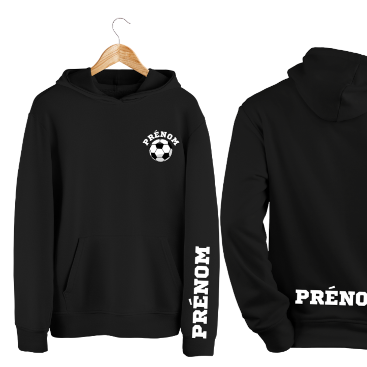 Hoodie avec poche kangourou enfant et junior en bambou noir Ballon soccer + prénom