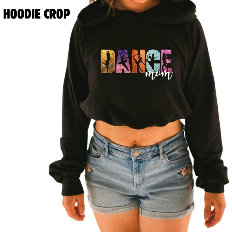 Hoodie crop manche longue en bambou noir avec élastique à la taille pour femme. Dance Mom