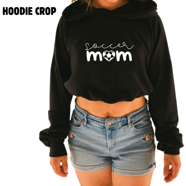 Hoodie crop manche longue en bambou noir avec élastique à la taille pour femme. Soccer Mom