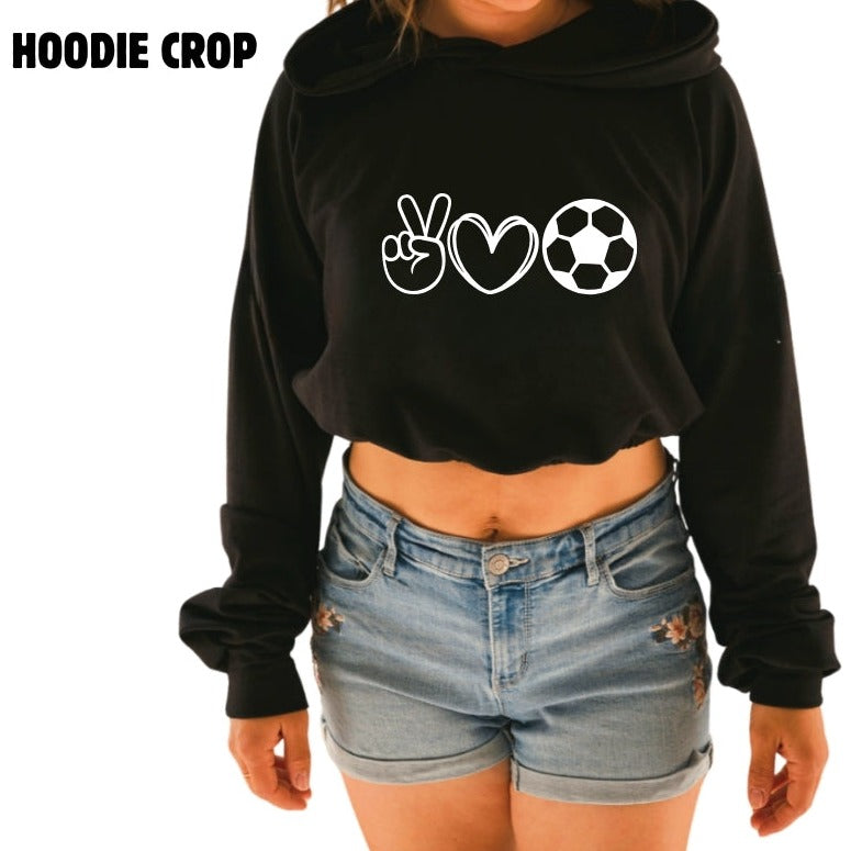 Hoodie crop manche longue en bambou noir avec élastique à la taille pour femme. Soccer Emoji Mom