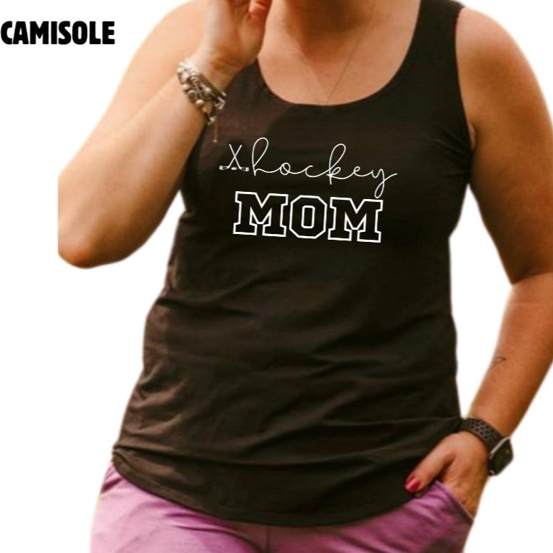 Camisole longue pour femme noire en bambou avec le bas arrondi et les bretelles larges. Hockey Mom