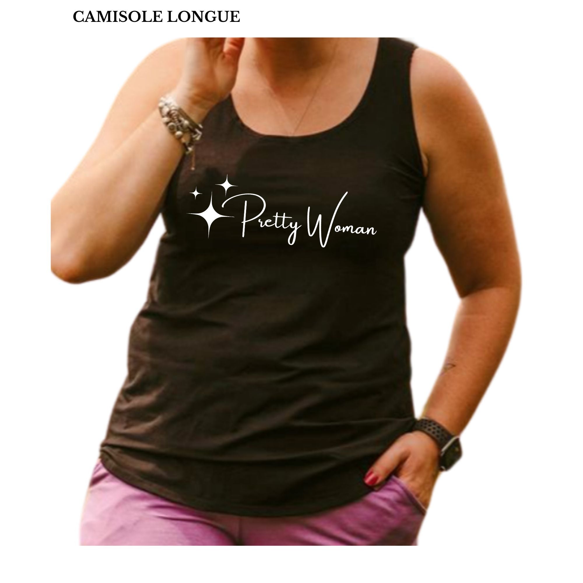 Camisole longue pour femme noire en bambou avec le bas arrondi et les bretelles larges. Idéale pour la maternité Pretty Woman