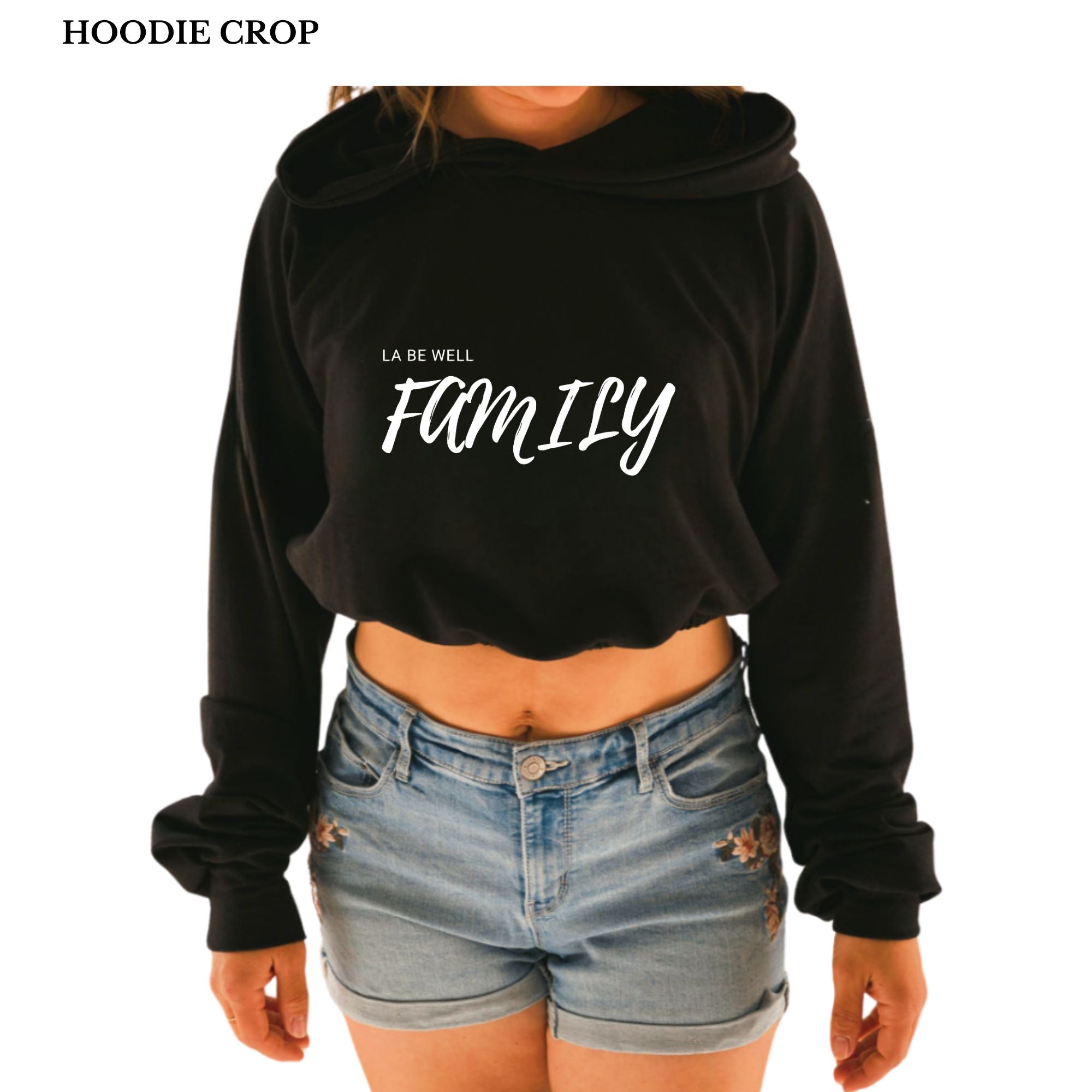 Hoodie crop manche longue en bambou noir avec élastique à la taille pour femme La be well Family