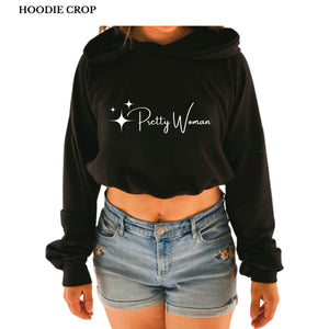 Hoodie crop manche longue en bambou noir avec élastique à la taille pour femme Pretty Woman