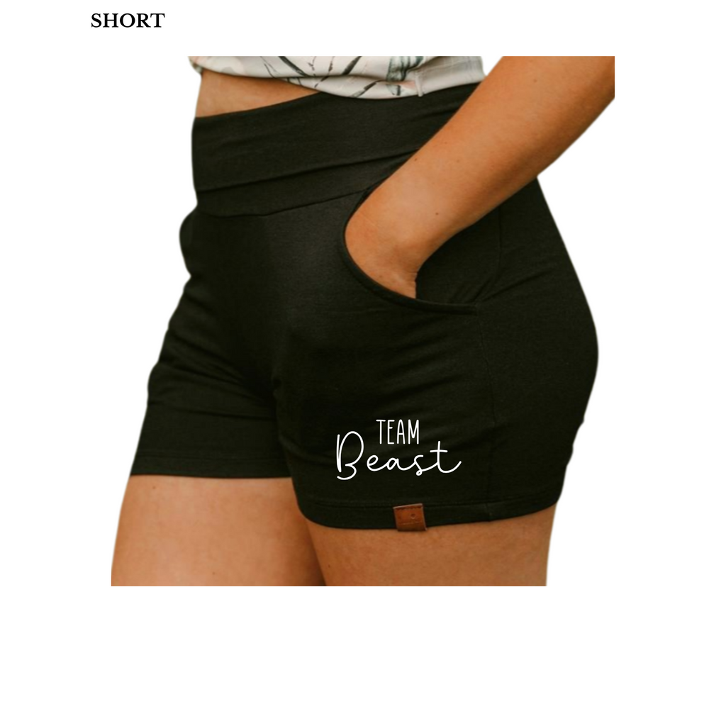 Short de couleur noir uni en bambou pour femme avec poches et bande à la taille. Idéale pour la maternité Team Beast