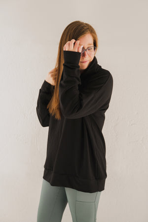 Hoodie oversize manche longue en bambou noir avec bande à la taille pour femme