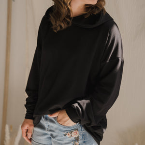 Hoodie oversize manche longue en bambou noir avec bande à la taille pour femme